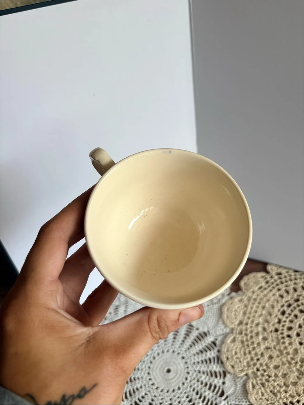 Vintage White Teacup with Green Country Themed Art